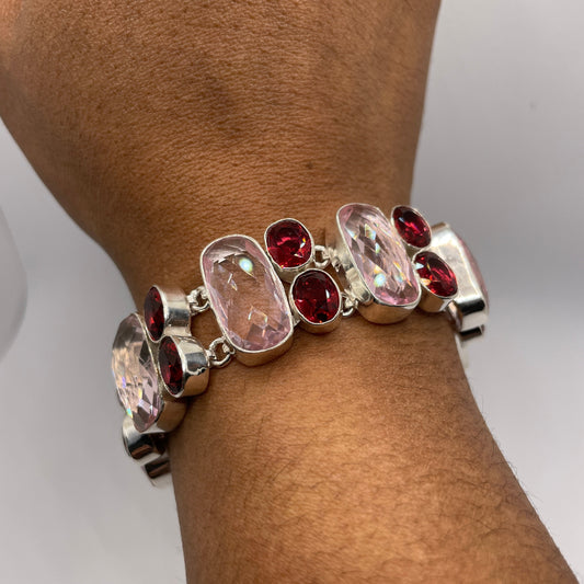 Pink Tourmaline & Red Topaz Sterling Silver Bracelet