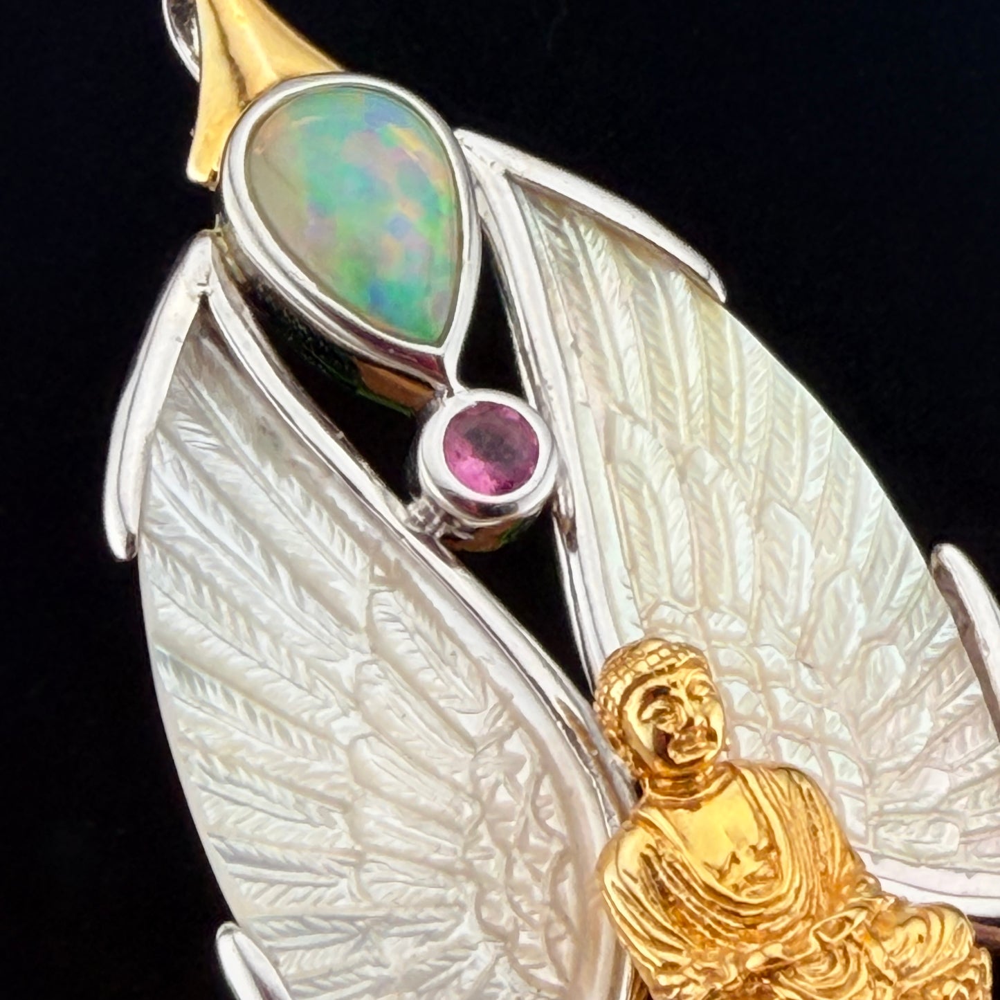 Gotland Pink Tourmaline, Diamond, Ethiopian Opal, Mother of Pearl and Topaz Gold Buddha pendant