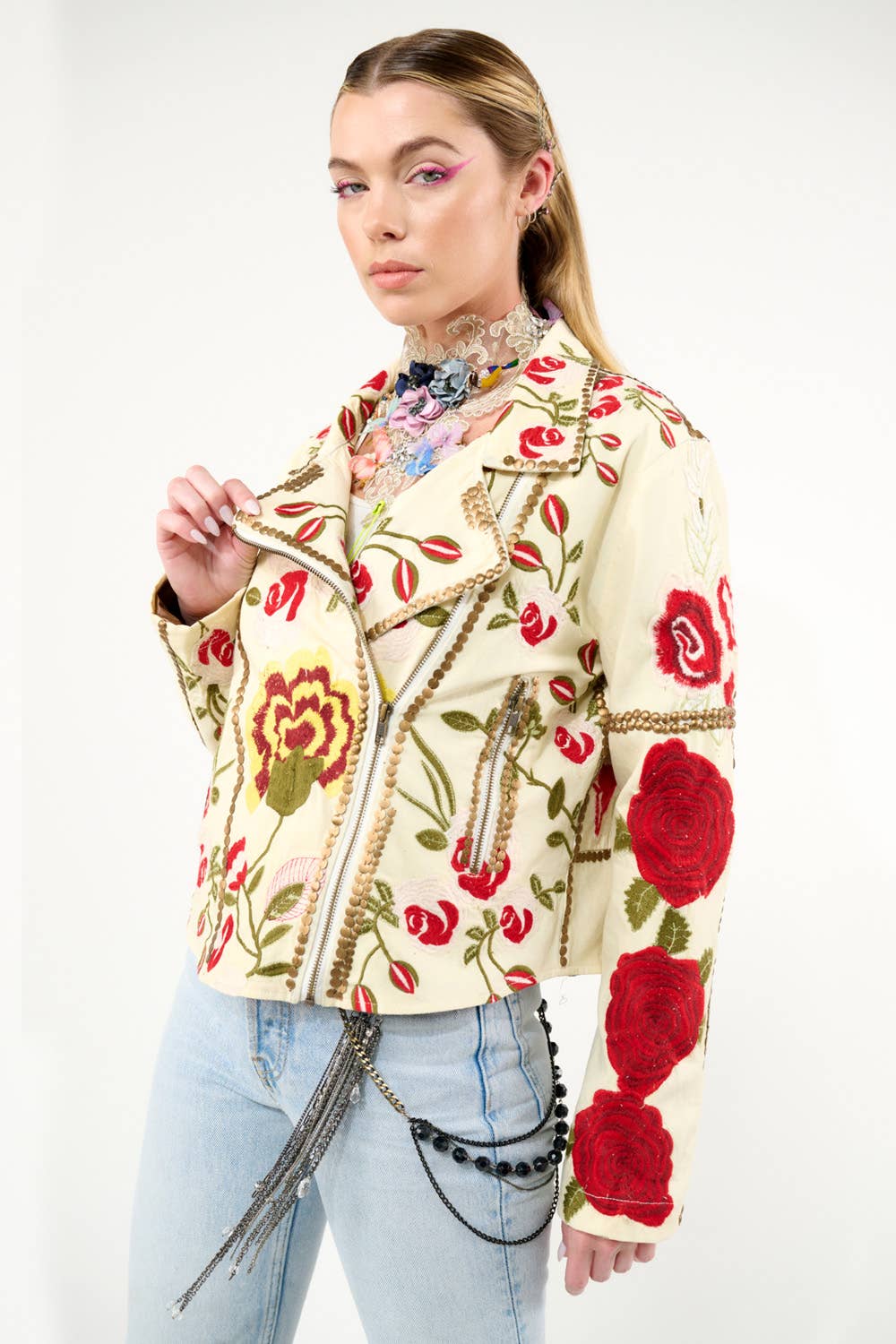 Carmen Embroidered Denim Motorcycle Jacket