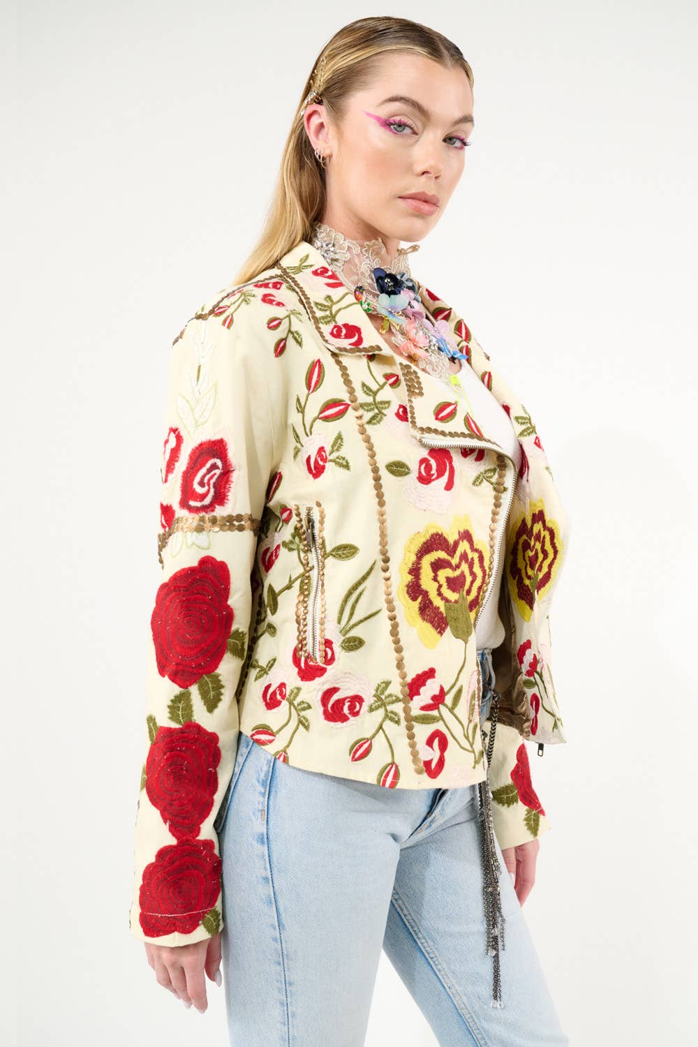 Carmen Embroidered Denim Motorcycle Jacket
