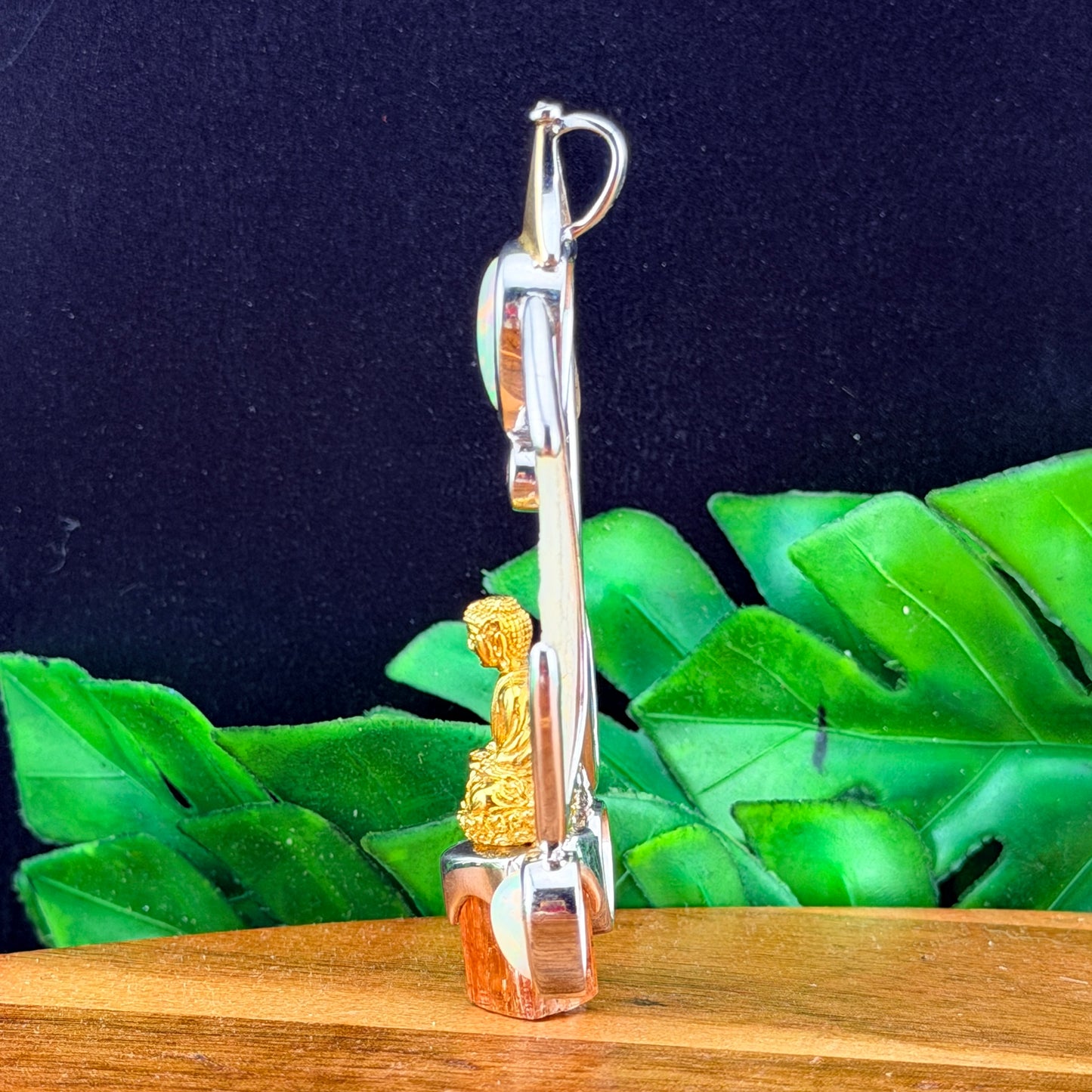 Gotland Pink Tourmaline, Diamond, Ethiopian Opal, Mother of Pearl and Topaz Gold Buddha pendant