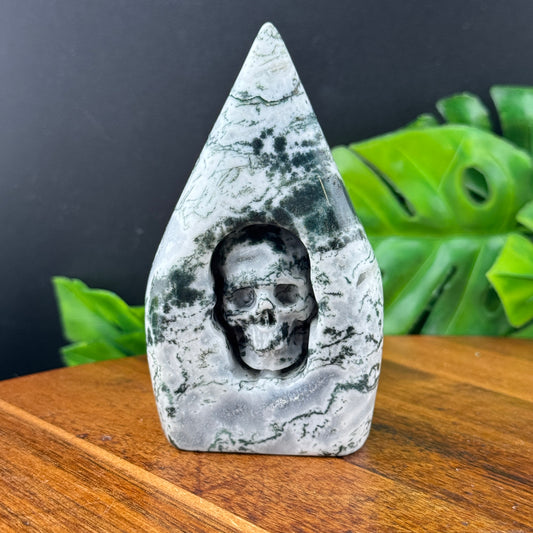 Moss Agate Skull in Flame