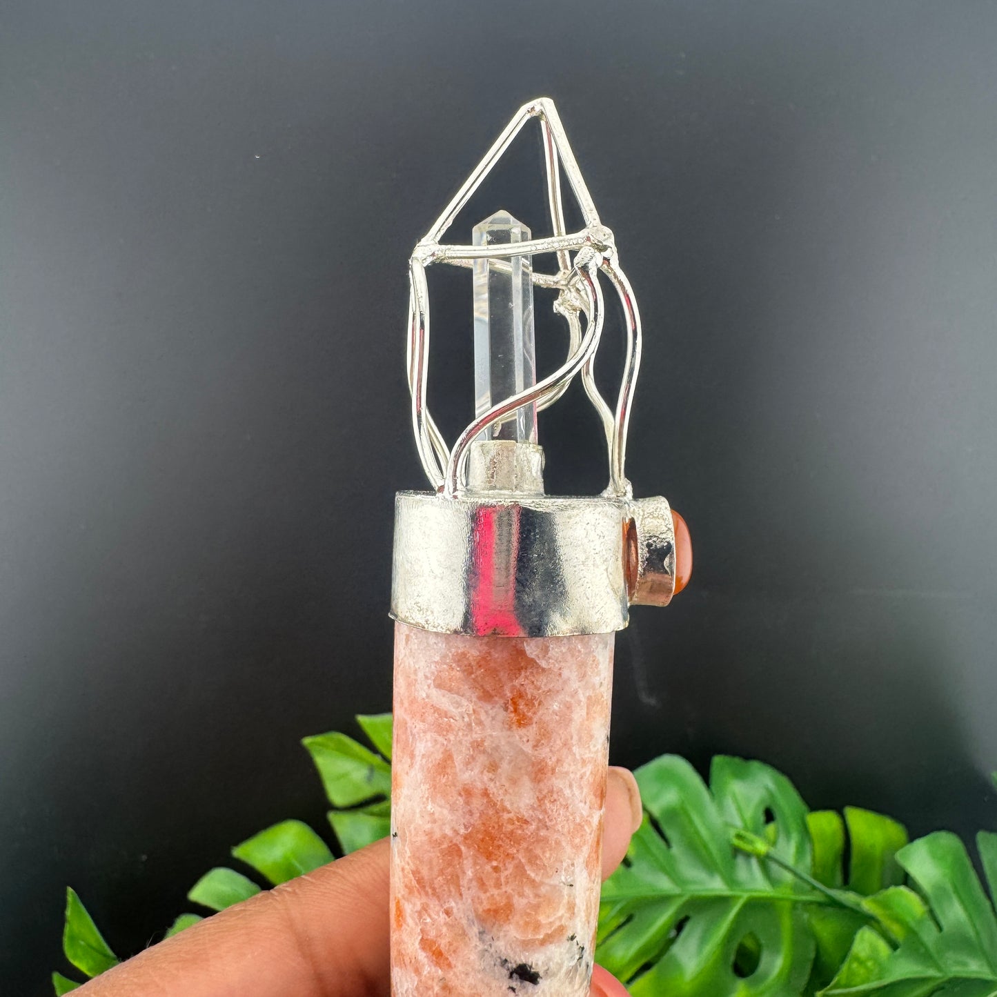 Lattice Sunstone, Carnelian & Clear Quartz Wand