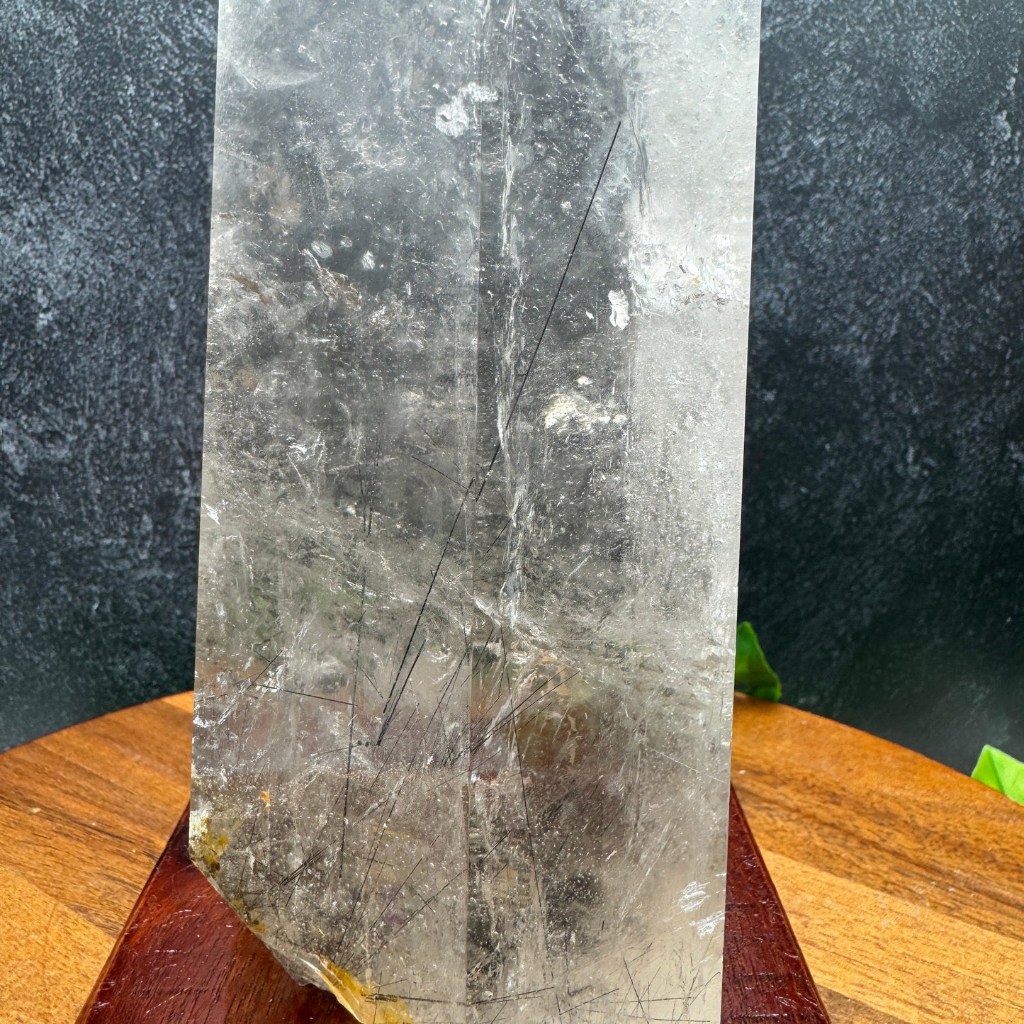 Black Rutile in Clear Quartz Tower with Stand