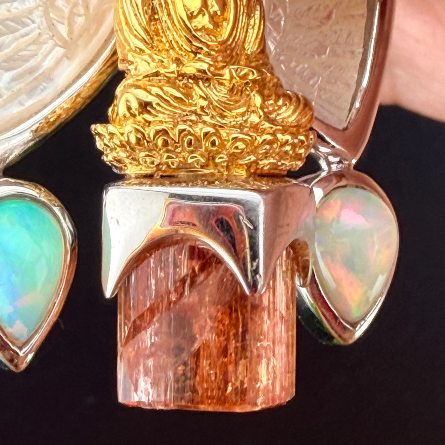 Gotland Pink Tourmaline, Diamond, Ethiopian Opal, Mother of Pearl and Topaz Gold Buddha pendant