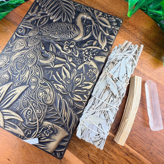 Peacock Vegan Leather Journal & Sage Bundle Set