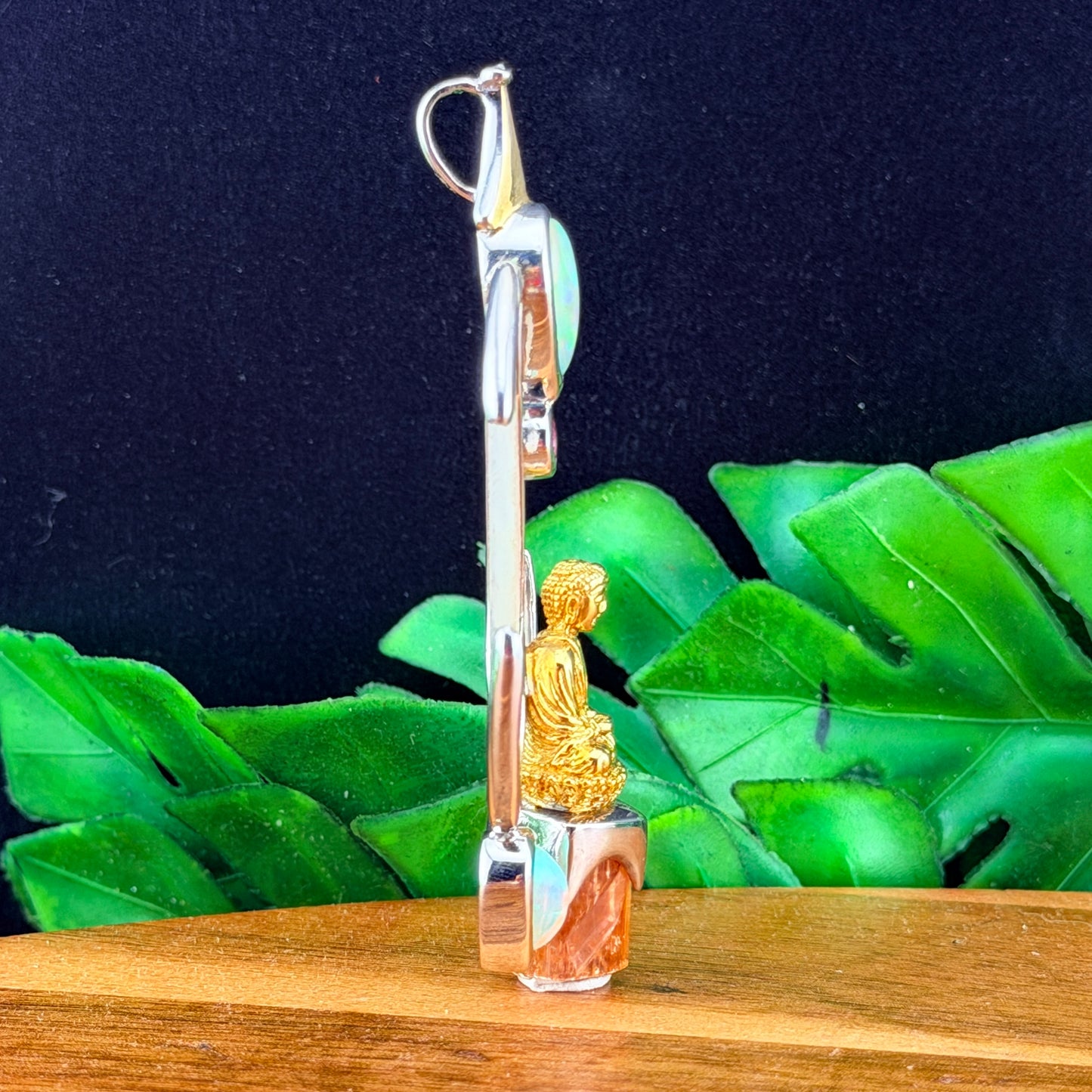 Gotland Pink Tourmaline, Diamond, Ethiopian Opal, Mother of Pearl and Topaz Gold Buddha pendant
