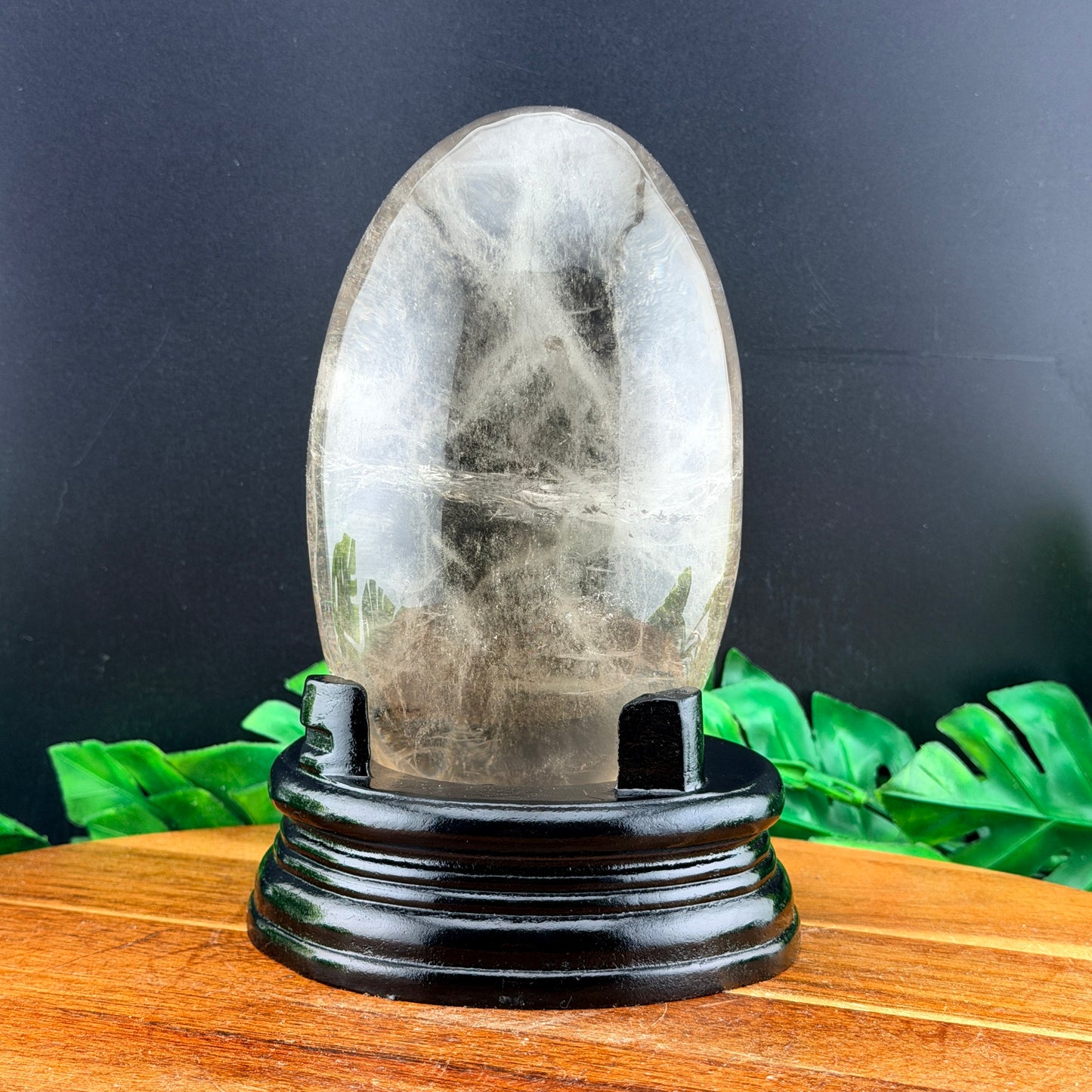 Smoky Quartz Droplet with Red Hematite in Stand