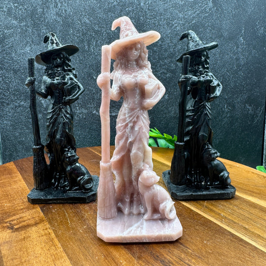Crystal Witch with Broom Book & Cat Carving