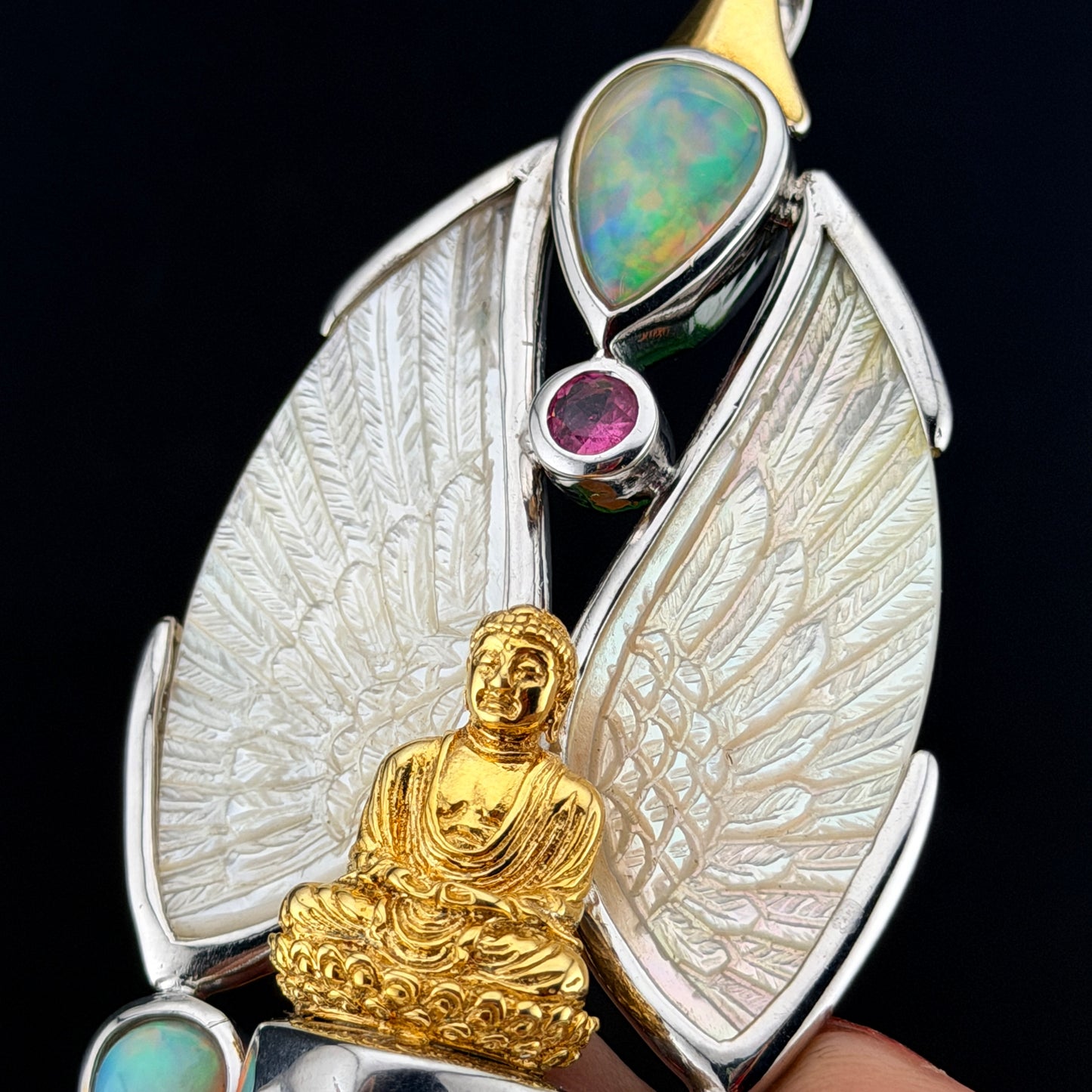 Gotland Pink Tourmaline, Diamond, Ethiopian Opal, Mother of Pearl and Topaz Gold Buddha pendant