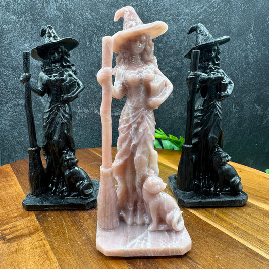 Crystal Witch with Broom Book & Cat Carving