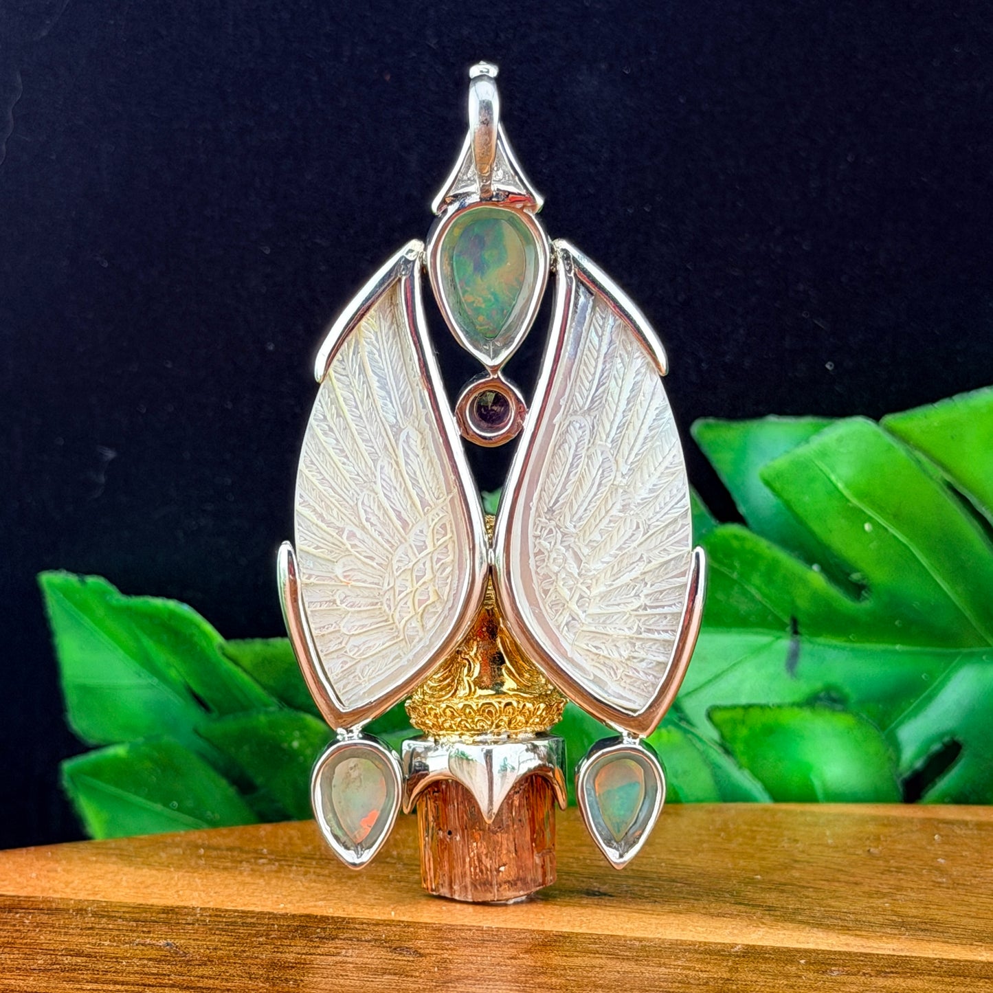 Gotland Pink Tourmaline, Diamond, Ethiopian Opal, Mother of Pearl and Topaz Gold Buddha pendant