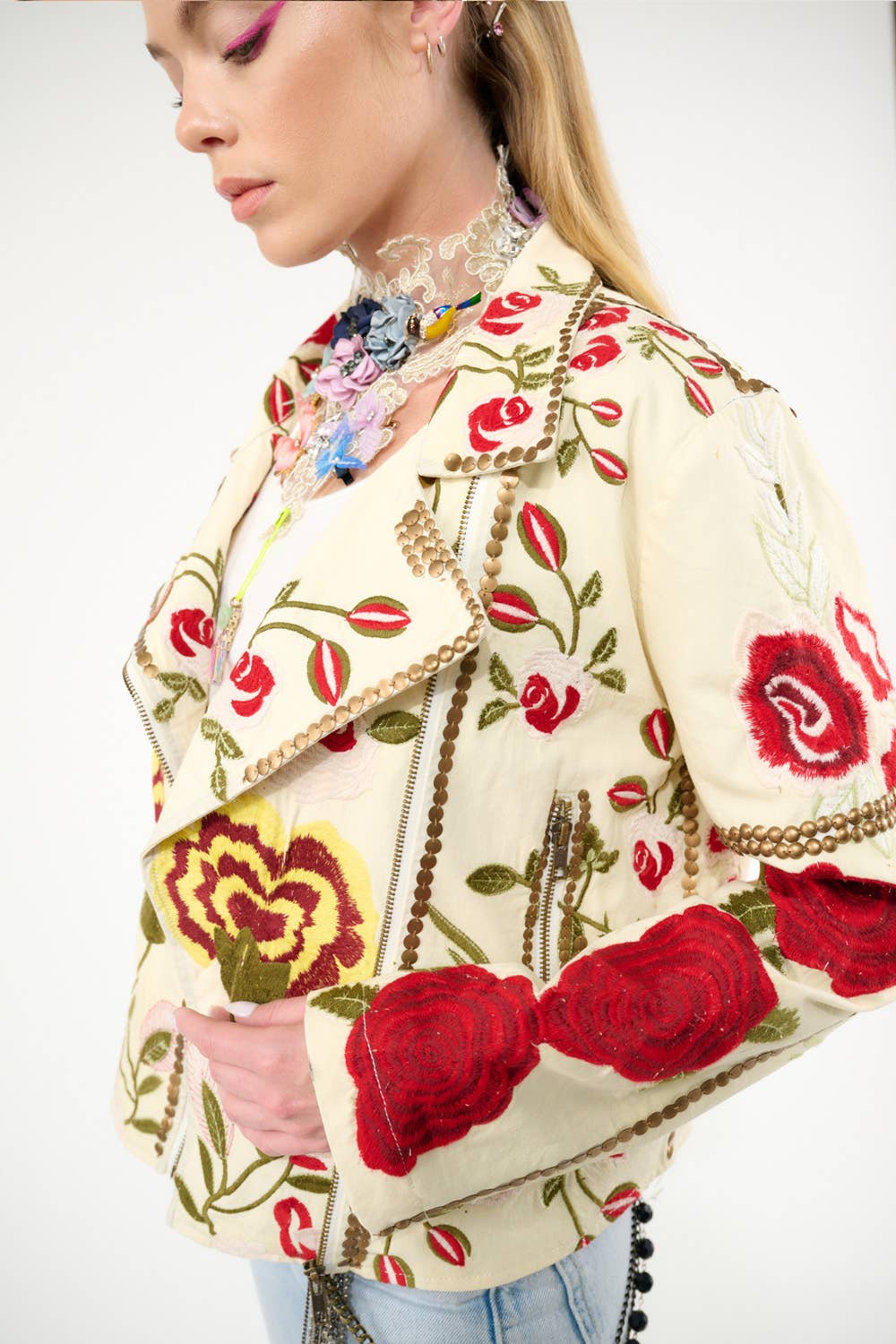 Carmen Embroidered Denim Motorcycle Jacket