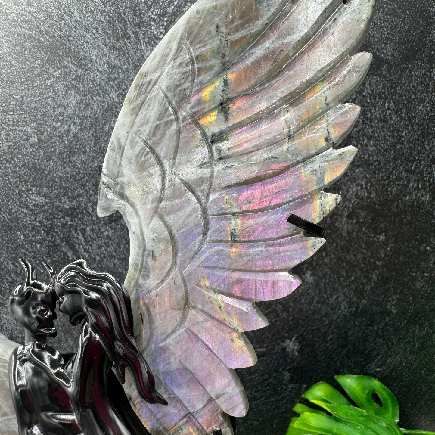 Sunset Labradorite Wings with metal Angel & Devil Stand