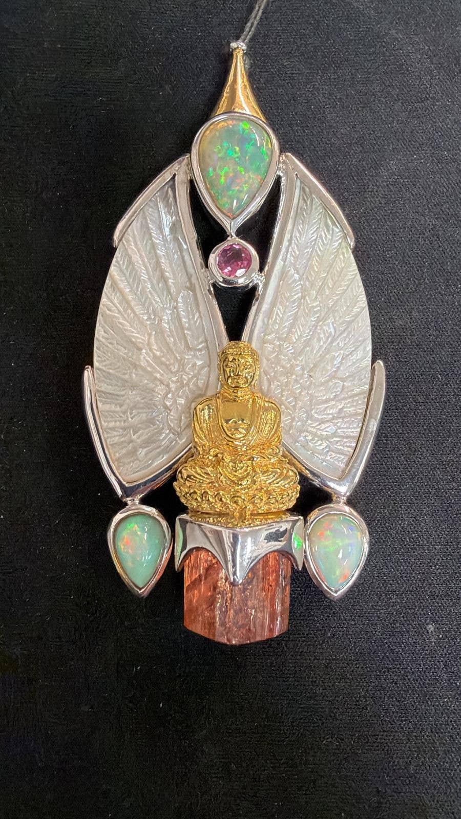 Gotland Pink Tourmaline, Diamond, Ethiopian Opal, Mother of Pearl and Topaz Gold Buddha pendant