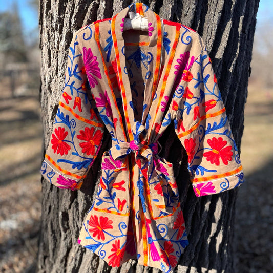 Suzani Hand Embroidered Jacket - Taupe.: One size