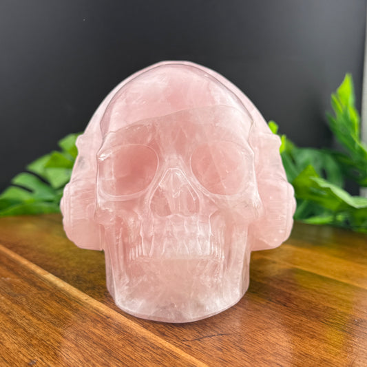 Rose Quartz Skull with Headphones