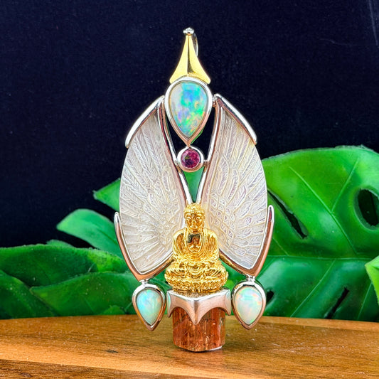 Gotland Pink Tourmaline, Diamond, Ethiopian Opal, Mother of Pearl and Topaz Gold Buddha pendant