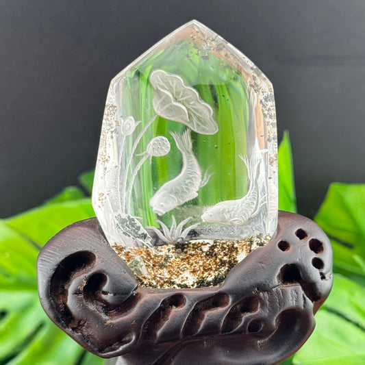 Garden Quartz Koi Fish Carving on Stand