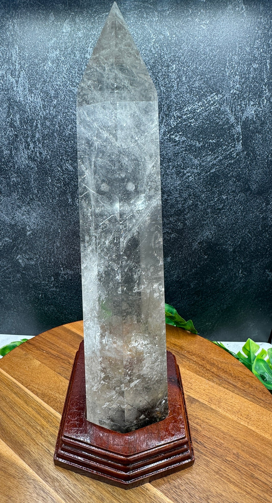 Black Rutile in Clear Quartz Tower with Stand