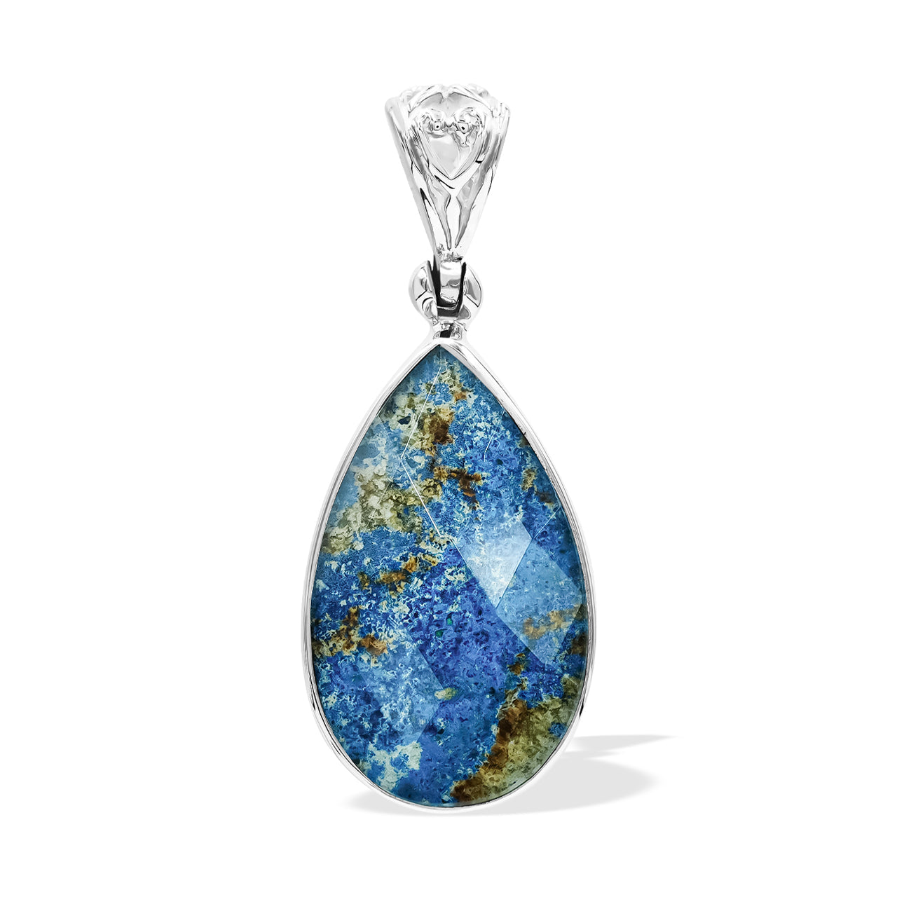 Starborn Faceted Azurite Malachite Pear Shaped Pendant with Quartz Doublet in Sterling Silver