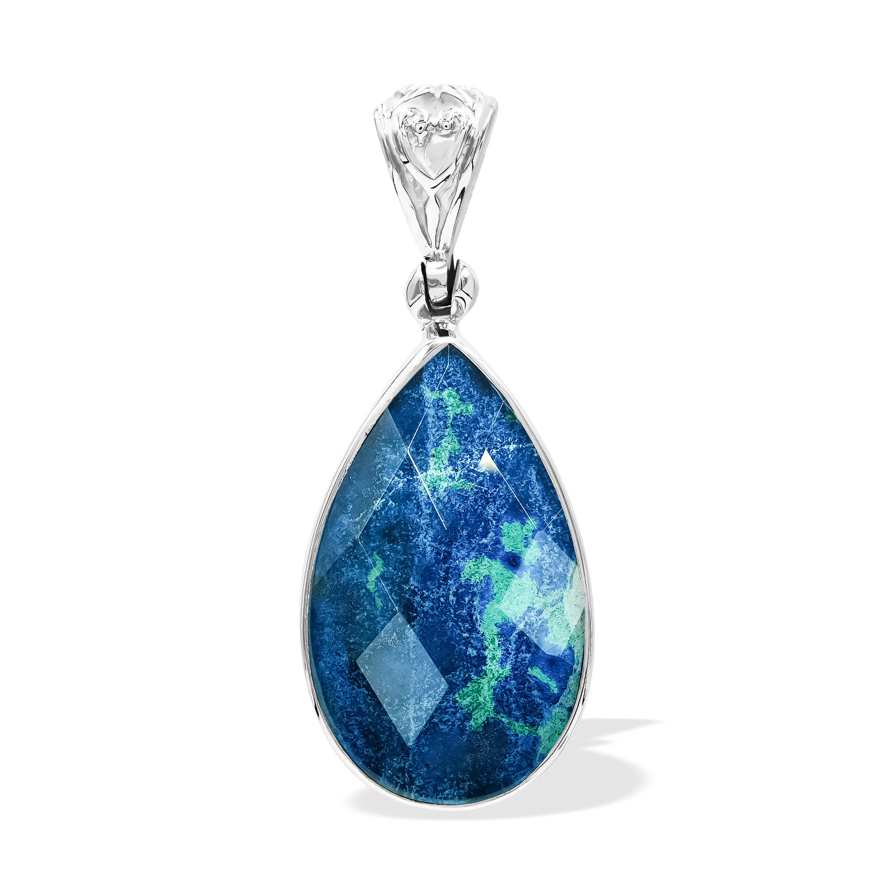 Starborn Faceted Azurite Malachite Pear Shaped Pendant with Quartz Doublet in Sterling Silver