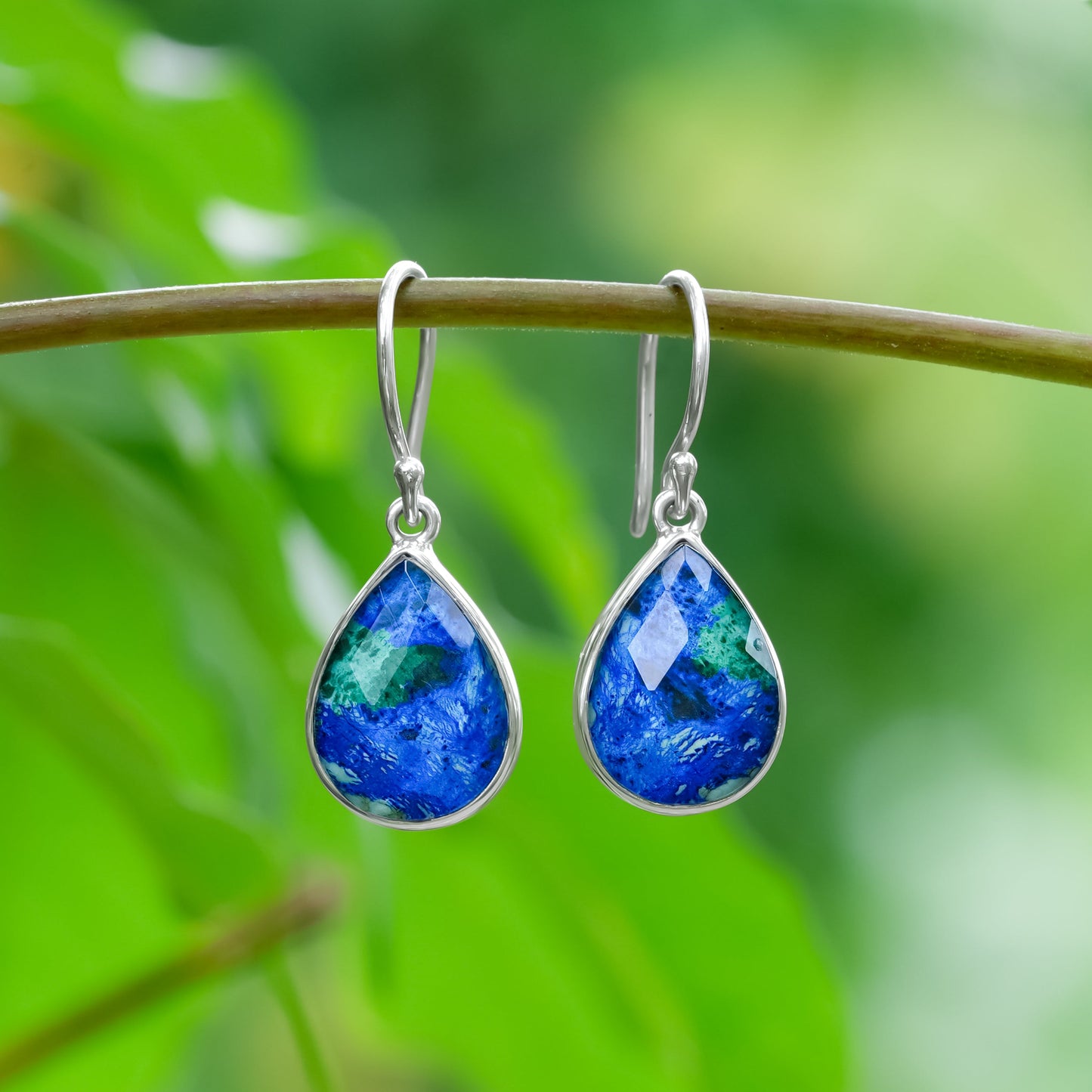 Starborn Pear Azurite Malachite with Quartz Doublet Earrings in Sterling Silver