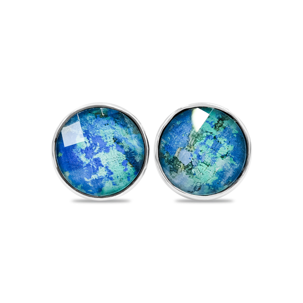 Starborn Faceted Azurite Malachite Round Single Bezel Post Earrings in Sterling Silver