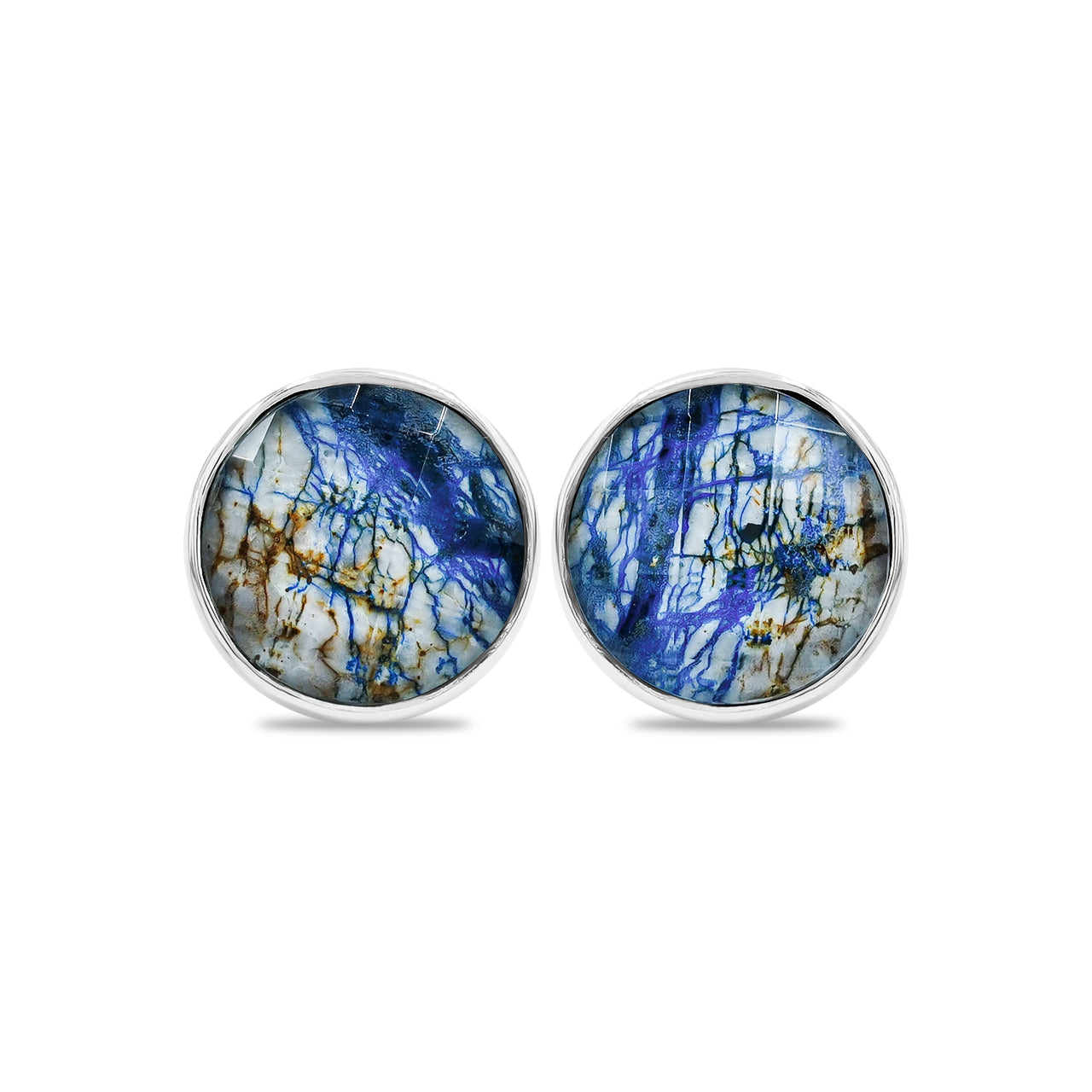 Starborn Faceted Azurite Malachite Round Single Bezel Post Earrings in Sterling Silver