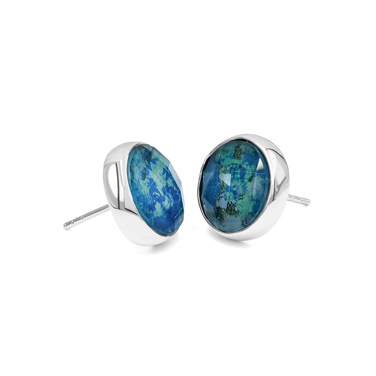 Starborn Faceted Azurite Malachite Round Single Bezel Post Earrings in Sterling Silver