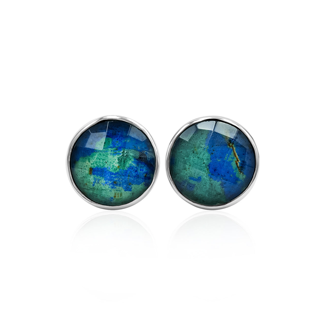 Starborn Faceted Azurite Malachite Round Single Bezel Post Earrings in Sterling Silver