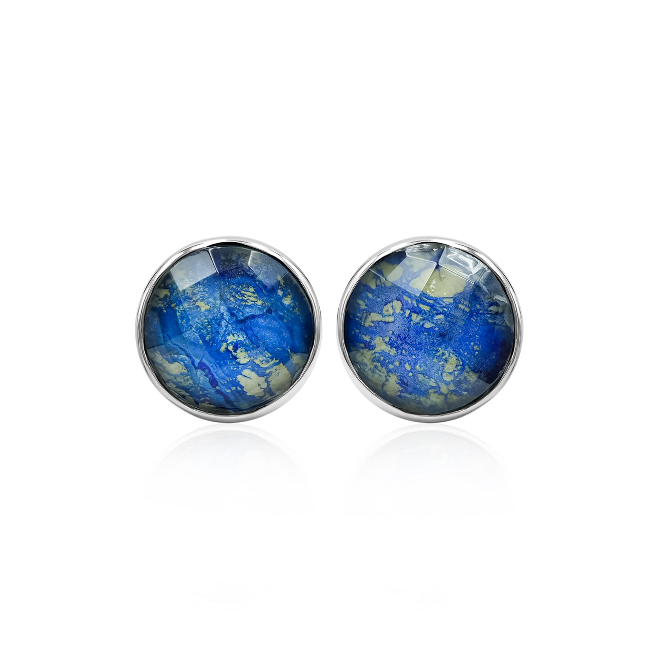 Starborn Faceted Azurite Malachite Round Single Bezel Post Earrings in Sterling Silver
