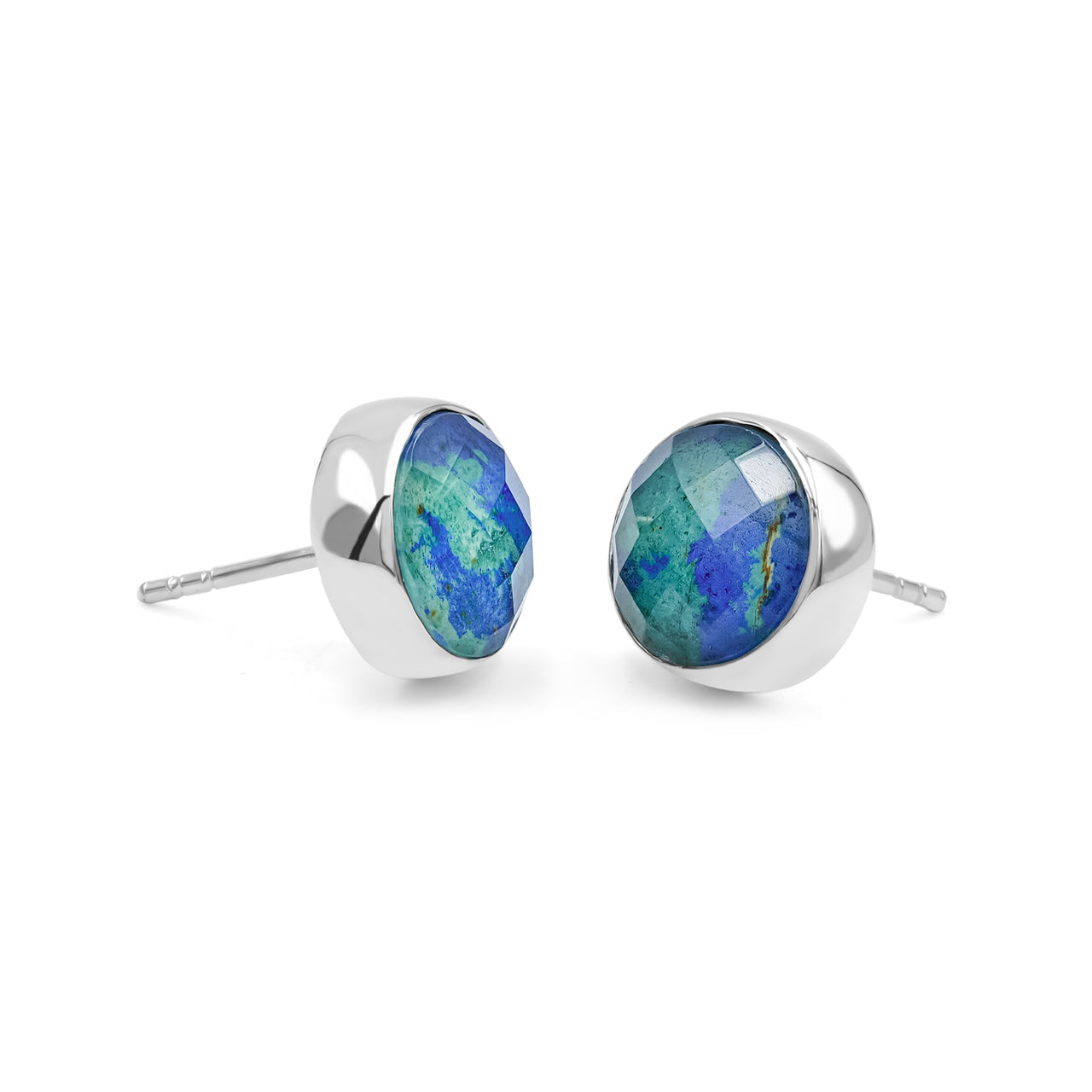 Starborn Faceted Azurite Malachite Round Single Bezel Post Earrings in Sterling Silver