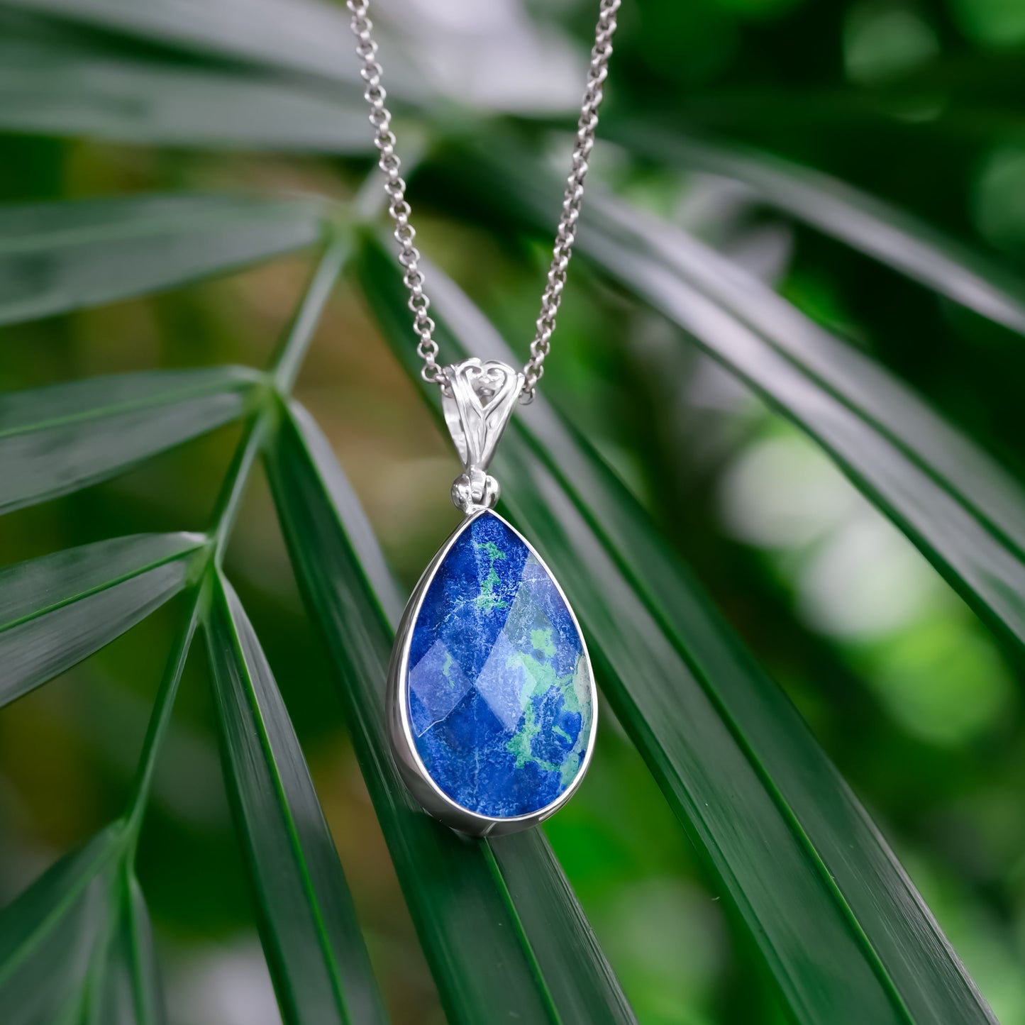 Starborn Faceted Azurite Malachite Pear Shaped Pendant with Quartz Doublet in Sterling Silver