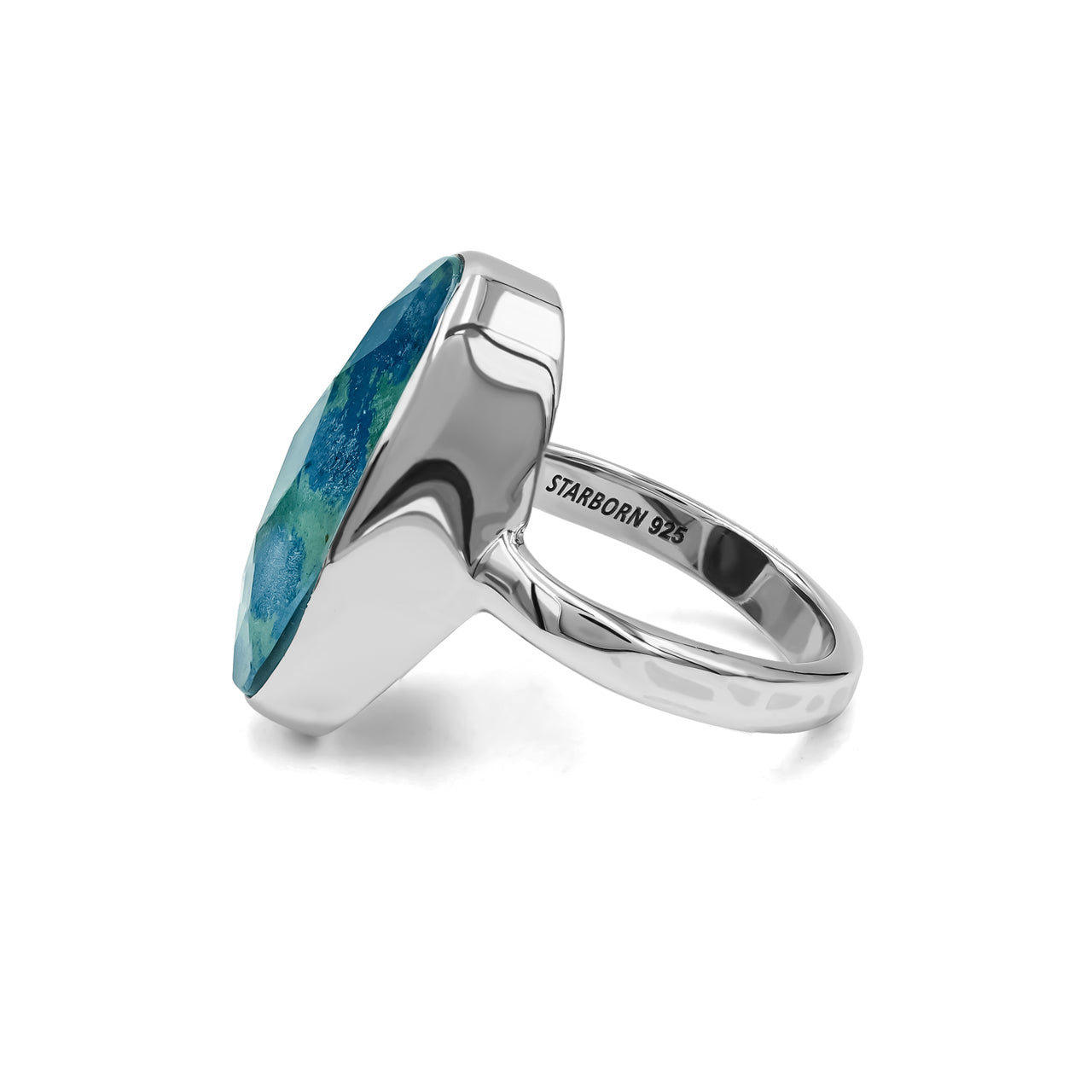 Starborn Faceted Azurite Malachite Quartz Doublet Ring in Sterling Silver