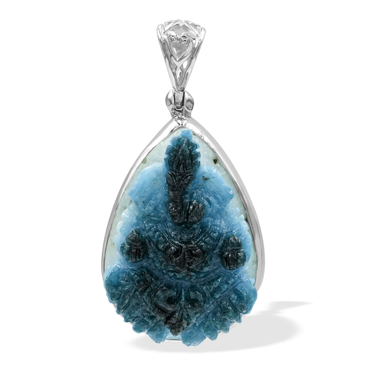 Starborn Carved Blue Ice Glacierite Ganesha Pear Pendant in Sterling Silver