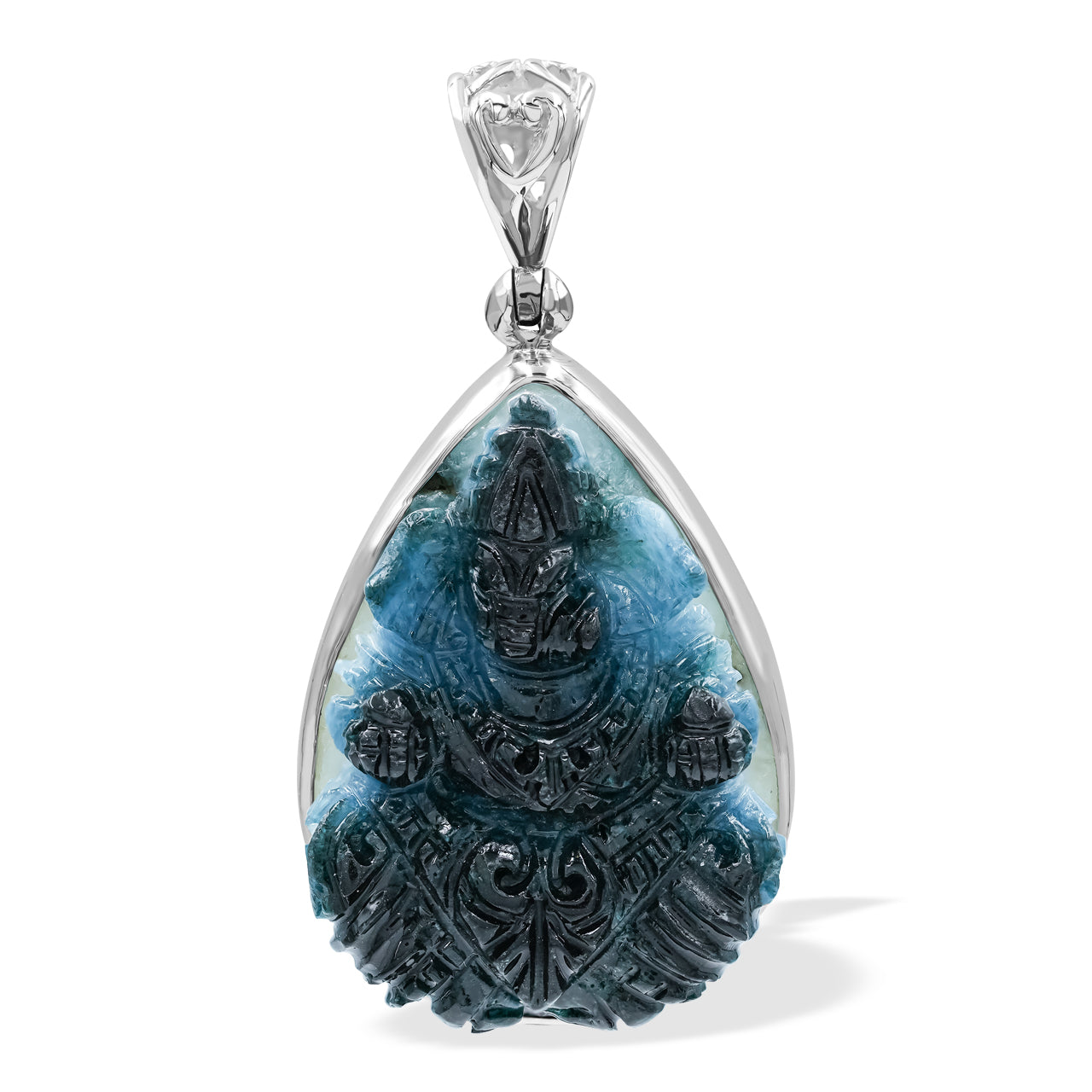 Starborn Carved Blue Ice Glacierite Ganesha Pear Pendant in Sterling Silver