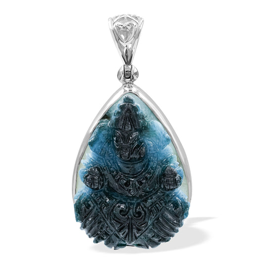 Starborn Carved Blue Ice Glacierite Ganesha Pear Pendant in Sterling Silver