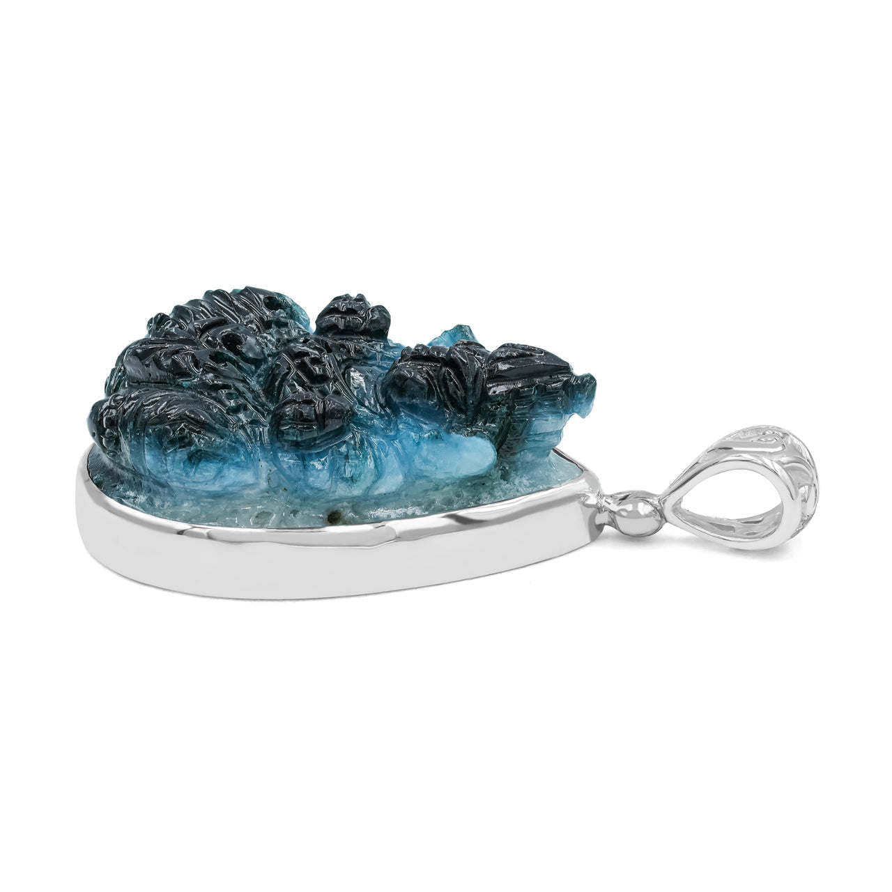Starborn Carved Blue Ice Glacierite Ganesha Pear Pendant in Sterling Silver