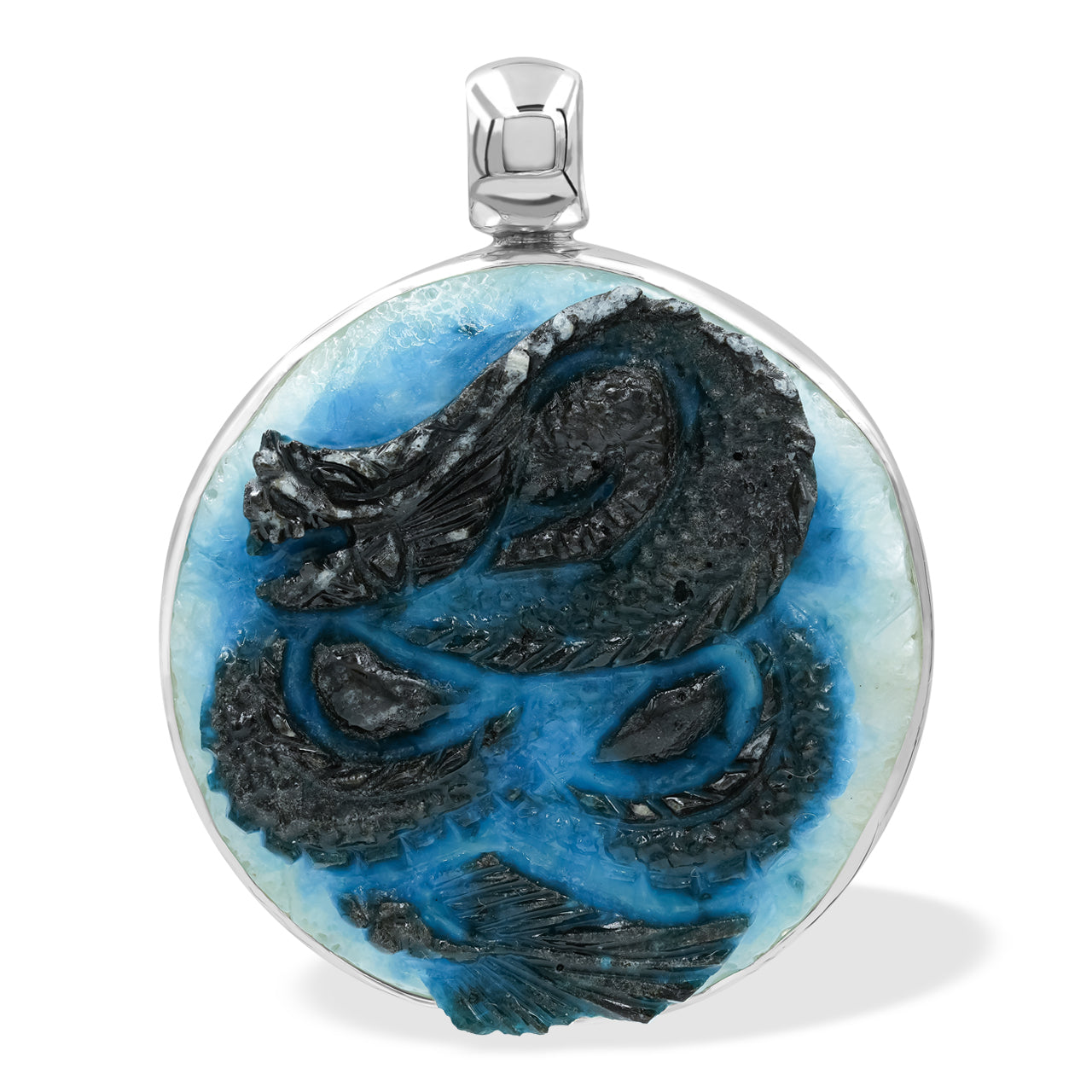 Starborn Carved Blue Ice Glacierite Dragon Round Pendant in Sterling Silver