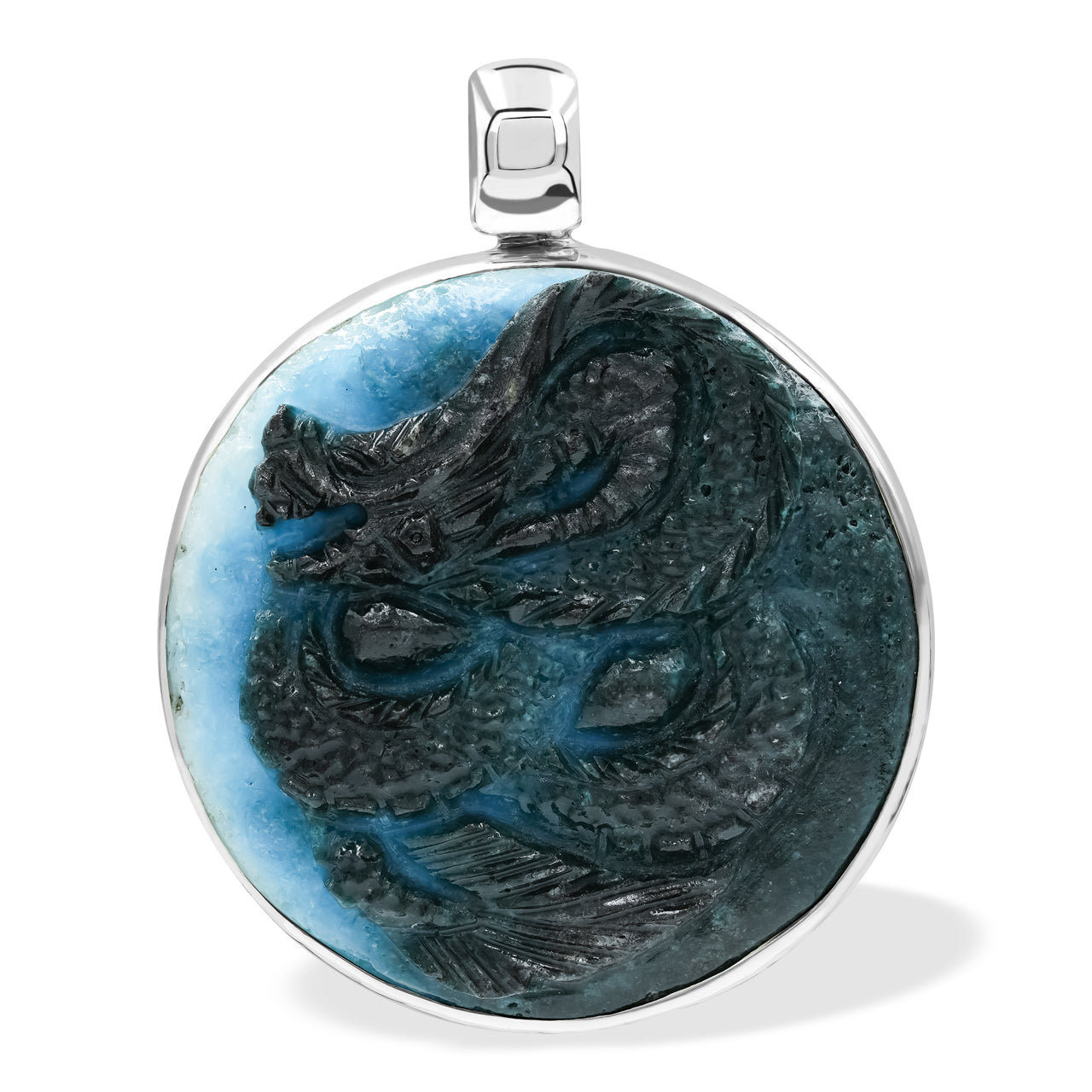 Starborn Carved Blue Ice Glacierite Dragon Round Pendant in Sterling Silver