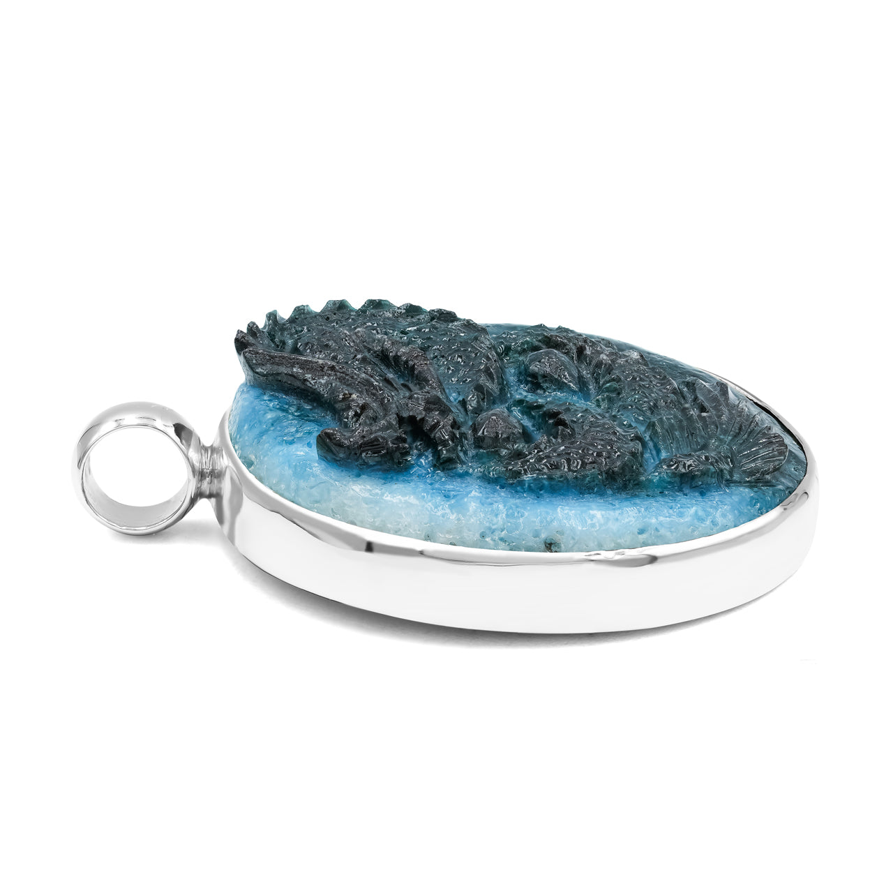 Starborn Carved Blue Ice Glacierite Dragon Round Pendant in Sterling Silver