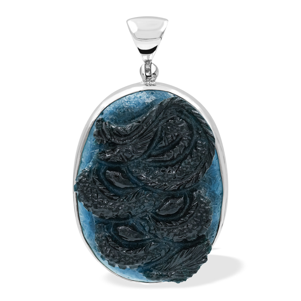 Starborn Carved Blue Ice Glacierite Dragon Oval Pendant in Sterling Silver - Medium
