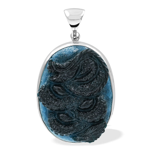 Starborn Carved Blue Ice Glacierite Dragon Oval Pendant in Sterling Silver - Medium