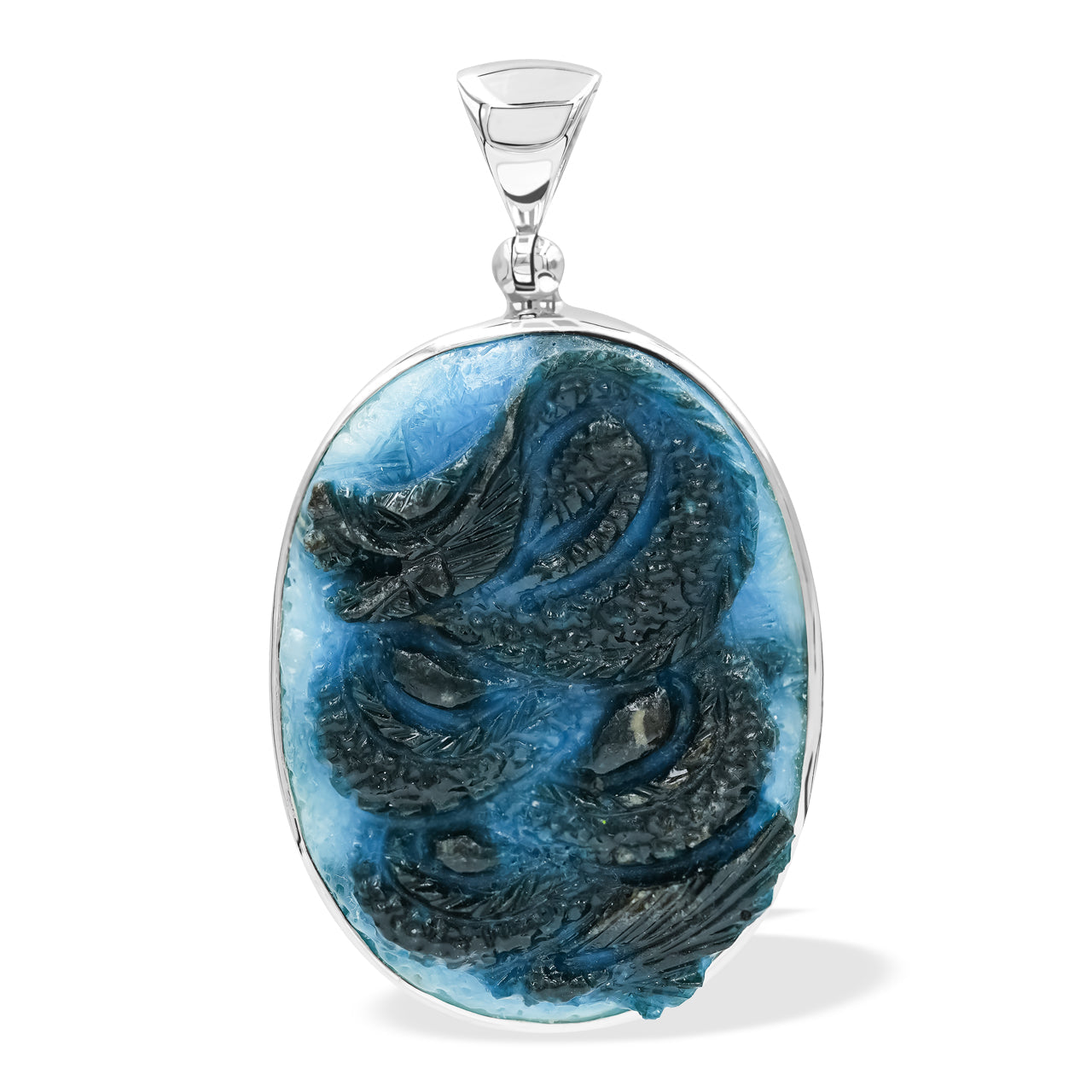 Starborn Carved Blue Ice Glacierite Dragon Oval Pendant in Sterling Silver - Medium