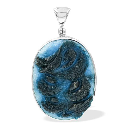 Starborn Carved Blue Ice Glacierite Dragon Oval Pendant in Sterling Silver - Medium