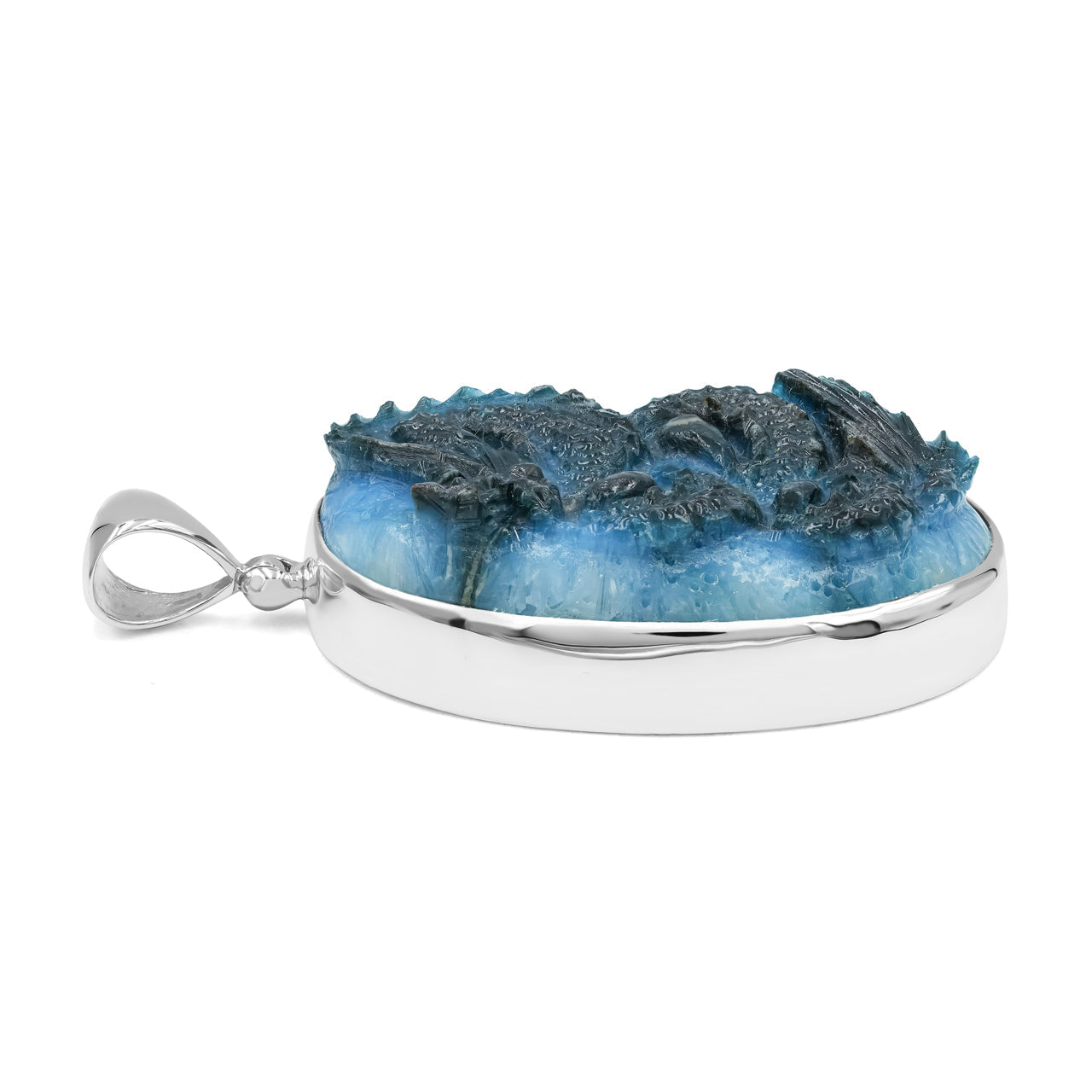 Starborn Carved Blue Ice Glacierite Dragon Oval Pendant in Sterling Silver - Medium