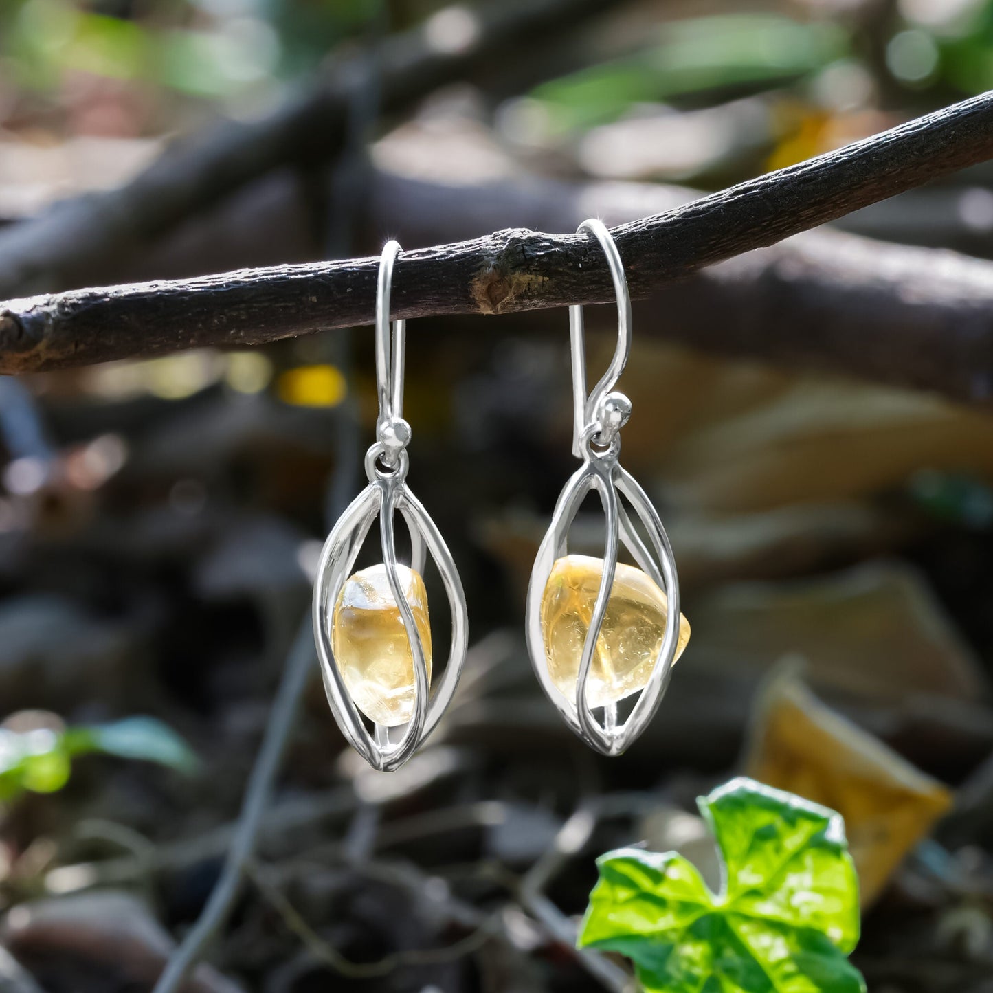 Starborn Citrine Spiral Caged Dangle Earring in Sterling Silver