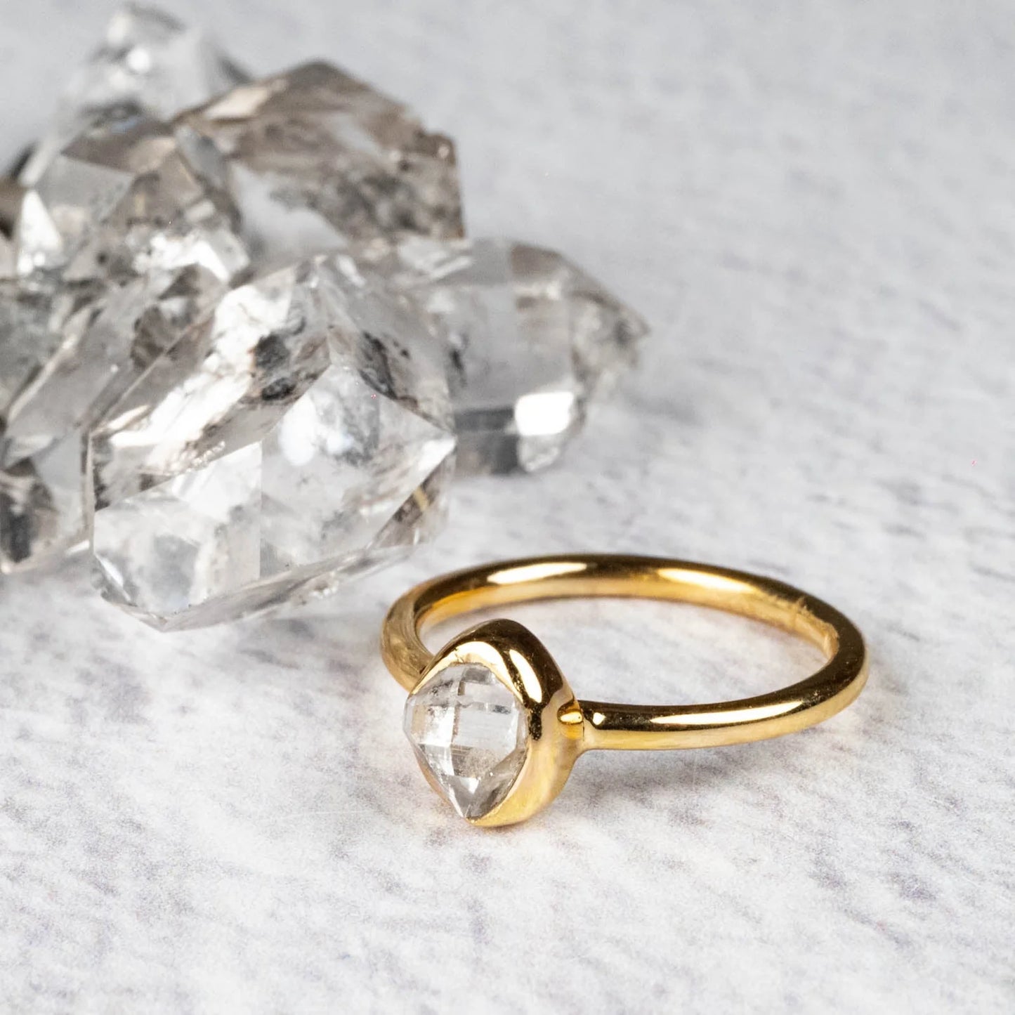 Herkimer Diamond Quartz Crystal Ring .925 Silver + 18k Gold Size 7