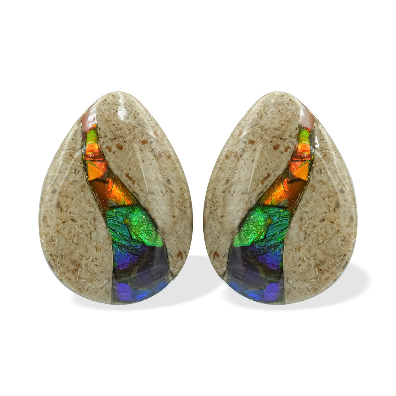 Starborn Fossil Dinosaur Bone with Ammolite Inlay Cabochon Pear 25mm - 1 pair